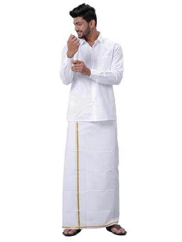 Image of RAMRAJ COTTON Men's Full Sleeve Shirt with 1 /2 Inch Gold Jari Border Dhoti