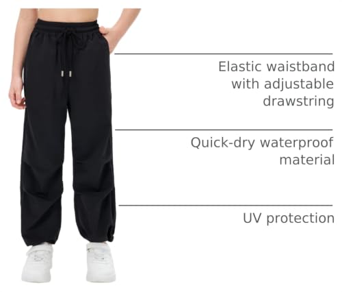 Image of Girls Parachute Cargo Pants Drawstring Waterproof Causal Hiking Pants for Girls Pockets Lightweight Running Joggers