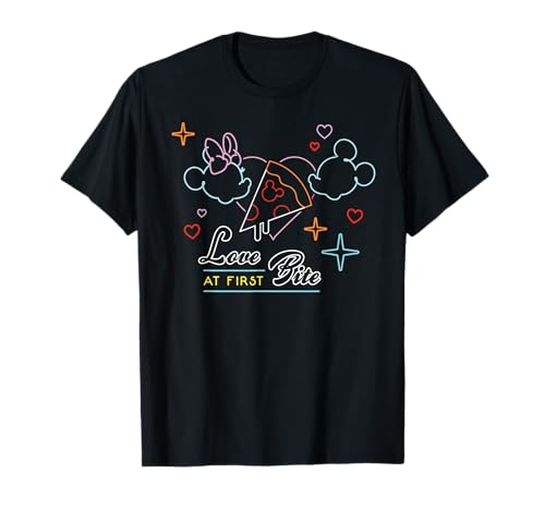 T-shirt Disney Mickey Minnie Mouse Neon Pizza Love At First Bite noir pour adulte