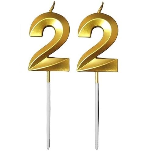 Image of ToyUniverse Number 22 Gold Candle - Metallic Gold Number Candle for 22nd Birthday, Anniversary & Surprise Parties (Pack of 2)