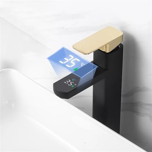 Robinet de salle de bain LED noir et or, mitigeur de luxe sur pont pour vasque
