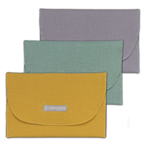 MIMUSELINA | Pack 3x Bolsa impermeable para muda | Organizador ropa de bebe para hospital o carrito | Porta Pañales y toallitas Bebe | Bolsa de Tela porta documentos para bebes | Menta, Mostaza y Gris