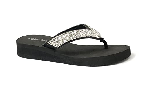 REDVOLUTION New Women's Rhinestone Sandals High | Low Platform T-Strap Jewel Sandals High Wedge Flip Flops2