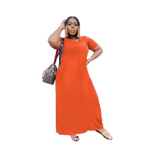 Image of TOPSRANI Womens Plus Size Maxi Dresses for Women Oversize Casual Short Sleeve V Neck Loose Plain Solid Trendy Summer Dress