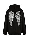 RoseSeek Women's Sparkle Rhinestone Wings Hoodie Long Sleeve Drawstring Sweatshirts with Pocket Streetwear Black Small