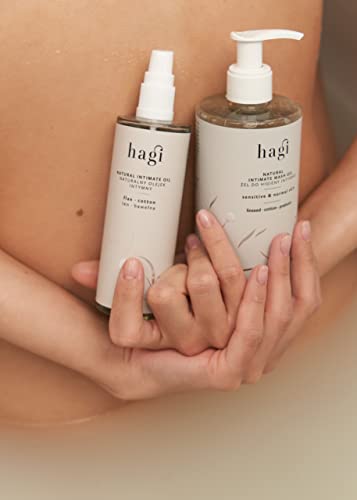 Hagi Naturalny Olejek Intymny | Pielęgnacja intymna, po goleniu i depilacji | Nawilża skórę | z olejem lnianym, olejem z bawełny i olejem makadamia | Olejek do masażu | Wegański | 100 ml