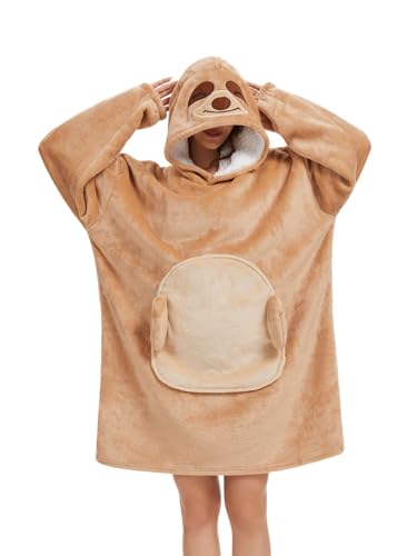 Trs Chic Mailanda Sloth Wearable Blanket Hoodie with Animal Hood Warm Flannel Sherpa Sweatshirt Blanket for Adults