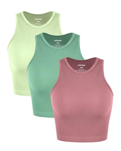 Image of ODODOS 3-Pack Seamless Crop Tank for Women Ribbed Soft High Neck Cropped Tops