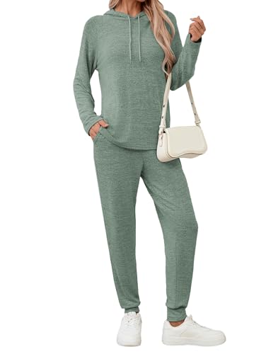 Famulily Leisure Suits for Women UK Fall Winter 2 Piece Tracksuit Sets Long Sleeve Tops & Matching Jogger Pants Green XL