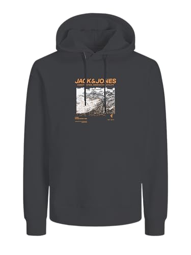 Image of JACK & JONES Mens Graphic Print Hoodie, Pullover with Drawstring Hood & Long Sleeves Sweatshirt for Men, Black Colour, UK Size L