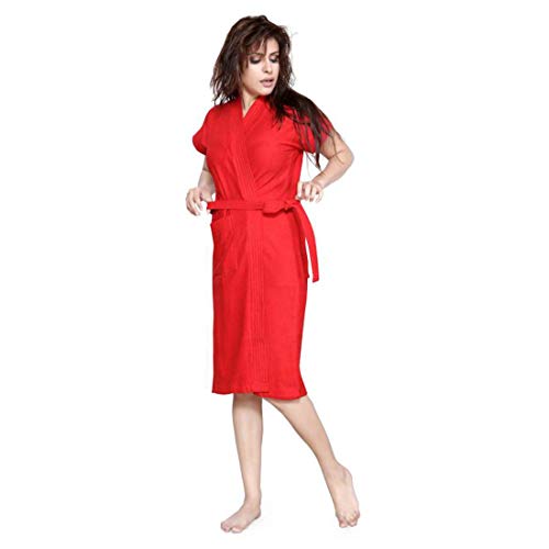 Image of Women Solid Bath Robe | Terry Cotton Short Robes Soft Bathrobe Lightweight Bordered Kimono | Half Sleeve with Front Pocket | One Size Bathrobe