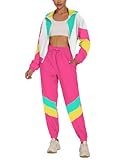 UOUA Women's Color Block 2 Piece 80s 90s Outfits Long Sleeve Windbreaker Jacket Tracksuit Set PinkWhite L