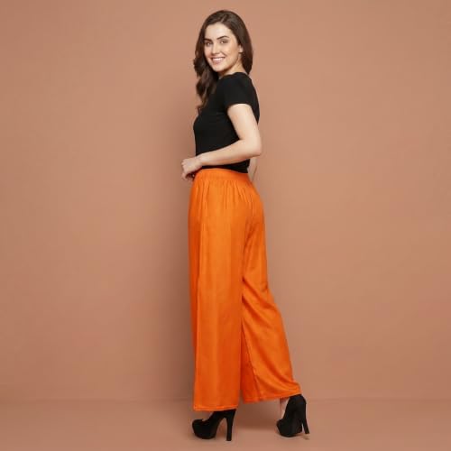Image of FASHION GALLERY Women's Solid Rayon Palazzo Pants | Relaxed Fit Full Length Wide Leg Palazzo | Elastic Waist Comfortable Casual Lounge Office Ethnic Flared Trousers for Women