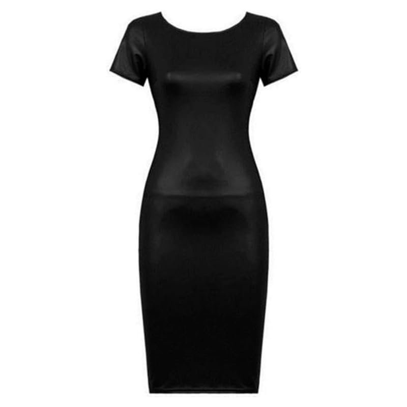 BODYWEAR LTD Figurbetontes Midikleid aus Kunstleder mit Rundhalsausschnitt, kurzen Ärmeln, knielanger Saum, weiches Stretch-PU-Gewebe, Design für...