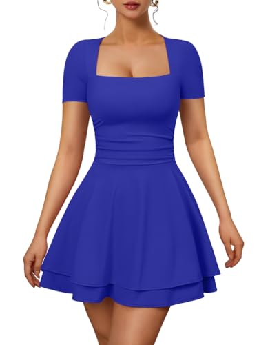 Image of XXTAXN Women's Sexy Square Neck Short Sleeve Ruched Tiered Ruffle Hem Flowy Club Party Mini Dress