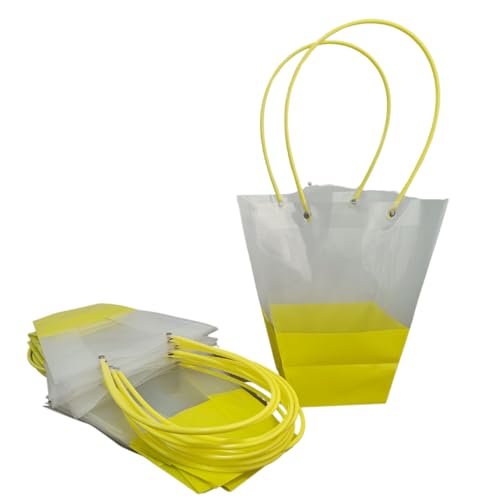 Image of Oasis Pack Of 10 Multipurpose Medium Size Waterproof Bags With Handles For Floral Arrangement - Retail ,Bulk, Florist Supply, Gift Hamper Bags For Rakhi, Birthday, Diwali, House Warming, Party Favour | 26 cm X 24cm X 12cm - Transparent Dual Color Yellow
