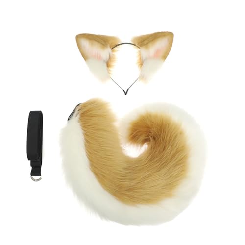 ILUFAM Dog Ears & Tail Cosplay Set - Anime Animal Ears Headband Furry Tail with Detachable Waist Strap for Halloween Costume Parties (Camel)
