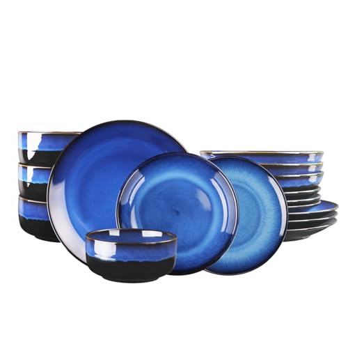Image of Ceramic Plate and Bowl Set, 16 Pieces, Dinnerware Set, Serves 4, Modern Dinner Salad Plate | Cereal Bowl, Microwave and Dishwasher Safe Kitchenware, Starry Blue