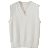 Wowcarbazole Women's V Neck Sweater Vest Sleeveless Ribbed Knit Pullover JK Uniform Classic Basic Tank Tops(White-M)
