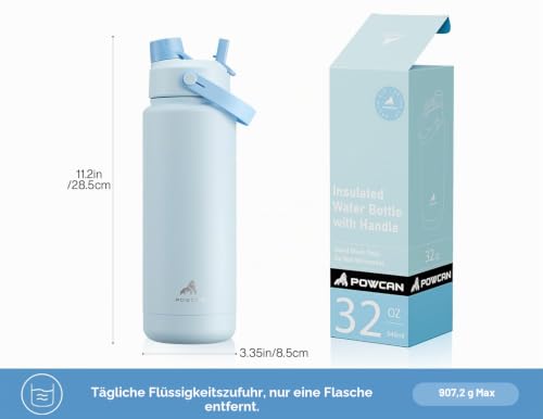 POWCAN Edelstahl Trinkflasche, Auslaufsicher, 2-in-1 Deckel, 946ml – Ansicht 5