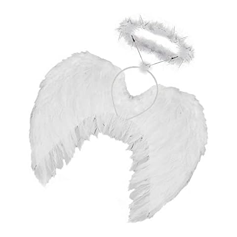 Angel Wings and Halo, White Feather Fairy Wings Costumes Cosplay Props for Kids Adult Halloween Christmas Birthday Holiday Party (White) Cover