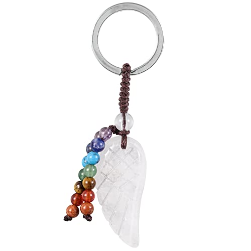 Amogeeli Ailes d'un Ange Porte-cléfs en Pierre de Cristal avec Frange en Pierre aux 7 Chakras, Chaîne de Clé en Quartz Pendentif de Sac pour Clés Portefeuilles et Sac à Main, Cristal de Roche Cover