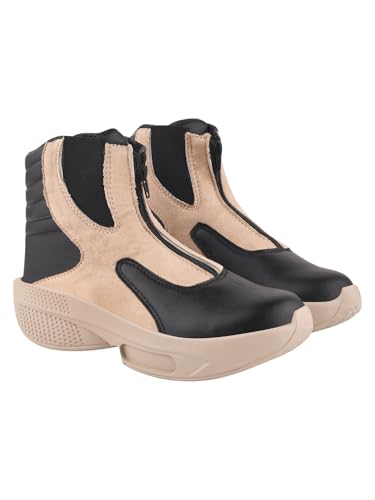 Shoetopia Women's & Girls Stylish Ankle Length Casual Boots with Zipper | Comfortable Slip-Resistant Sole | Black & Beige Leatherette Sneakers Boots EU37