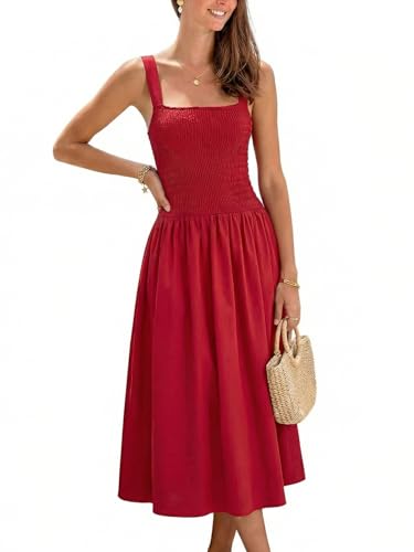 CUPSHE Women's Smocked Flowy Maxi Dress Sleeveless Square Neck Wide Strap A Line Sundress for Summer Casual Vacation Red, M