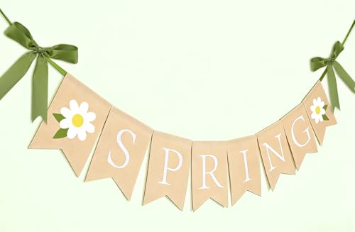 JarThenaAMCS Spring Linen Banner with Ribbon Hello Spring Bunting Garland Decoration for Baby Shower Wedding Party Home Decor Supplies