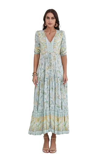 Image of Women Short Sleeve V Neck Floral Print Casual Bohemian Maxi Dresses