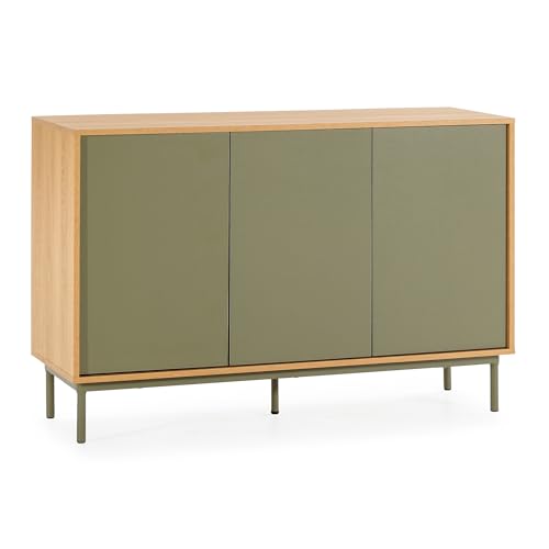 HOMN LIVING Aparador Cuzco 3 Puertas Color Roble/Verde, 120 cm (Ancho) 40 cm (Profundo) 80 cm (Altura)