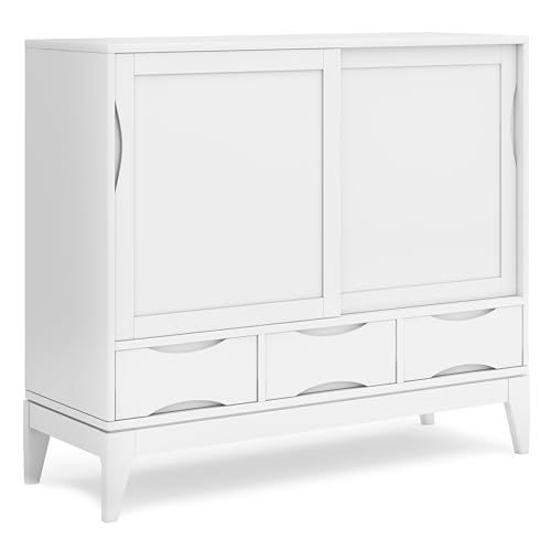 SIMPLIHOME Harper Medium Storage Cabinet - 48 inch Wide Solid Hardwood Sliding Door Cabinet in White, Mid-Century Modern Cupboard for Living Room or Entryway with 3 Drawers and Tapered Legs