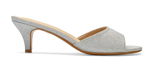 Comeshun Women Low Kitten Heel Mules Slip On Sandals Open Peep Toe Dress Pumps Comfy Sexy Shoes Size 9 Silver Glitter #TOP2
