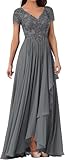 V Neck Mother of The Bride Dresses for Wedding Lace Appliques Prom Dress Women's Cap Sleeves Formal Evening Party Dress Grey