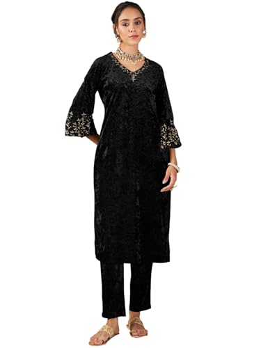 Image of Women's Velvet Floral Embroidered Straight Kurta | Round Neck Three-Quarter Sleeve Calf Length Kurti with Thread Work