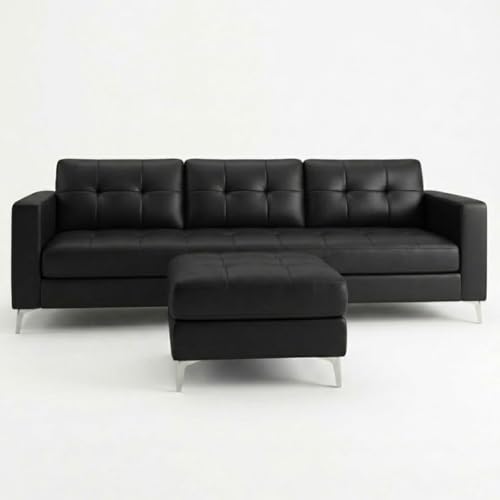 Image of CASASTYLE Creamoy 4 Seater L Shape Sofa Set with Movable Ottoman | Flexible Left or Right Layout | Premium Leatherette | Soft Touch Seating | Durable & Comfort Ideal Sofa for Living Room (Black)