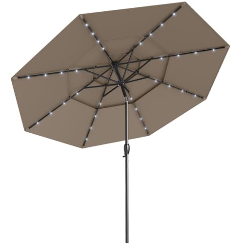 GOPLUS Parasol de Jardin Exterieur avec 32 LED Solaire, 3M Parasol Balcon Inclinable avec Toit à 3 Niveaux, 8 Baleines, Manivelle, Protection Solaire, pour...