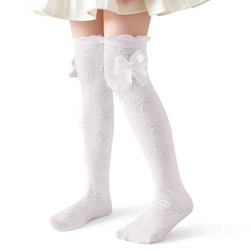 DoSmart Girls Knee High Socks Kids White Ruffled Lace Tall Boot Cotton Princess Bow Frilly Dress Socks 3 Pairs(Bow)