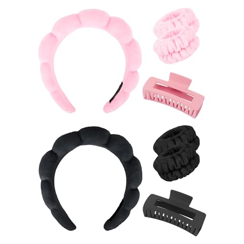 Wecoe Pink and Black Spa Set - Headband and Wristband for Face Washing, Thick Hair, Cute Puffy Sponge Bubble Makeup Headband, Wrist Towels, Scrunchies for Women & Girls