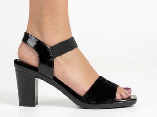 Image of Women's Black Block Heel Sandals, Open Toe with Ankle Strap, Suede and Patent Finish GW S10