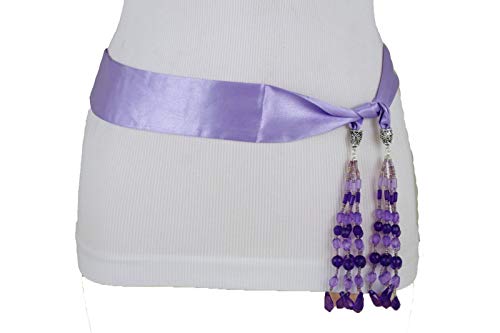 TFJ Women Fashion Silk Fabric Tie Belt Sash Fringes Beads Soft Scarf XS S Lavender2