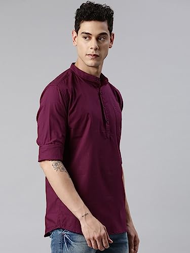 Image of KRYPTIC Men's Full Sleeve Regular Fit Short Kurta in Premium Pure Cotton with Patch Pocket and Mandarin Collar - Perfect Blend of Style and Comfort