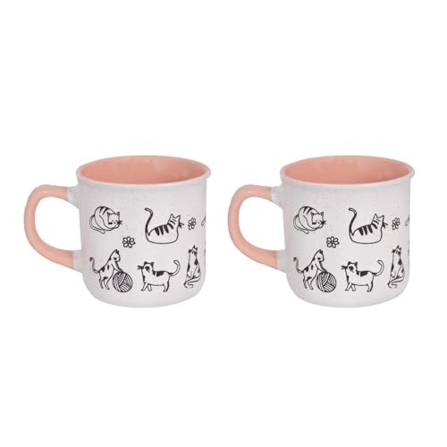 Set of 2 Cat Themed Mugs Pink Interior - 11 Ounce 310ml Modern Contemporary - Tea Coffee Cups Latte Cappuccino Hot Chocolate Drinks - Home Kitchen Work Office Mug Set Cat Lover Gift