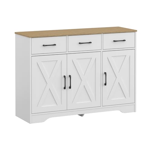 Panana Wooden Sideboard 3 Drawers 3 Doors Entryway Dining Room Console Living Room Storage Farmhouse Sideboard Cabinet (White)