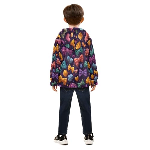 Colorful Bows and Hearts Pattern Toddler Fleece Jacket Girl Boys Hooded Fleece Jacket Coat Warm Outwear Zip-up 3-10T4