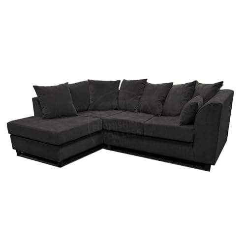 Furnishings For Less UK Keira Chenille Black Soft Fabric L Shaped 3 to 4 Seater Corner Sofa Modern With Chaise Scatter Back (Black, 4 Seater Corner Sofa - Left Hand Facing)