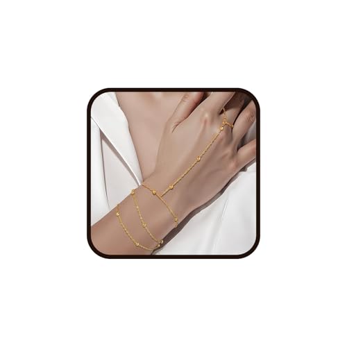 JOOTUEPO Bracelet à Chaîne en Couches Femme, bague délicate en or 14 carats avec zircon, Chaînes de Poignet Minimaliste Réglable en Acier Inoxydable, bijou chaîne...