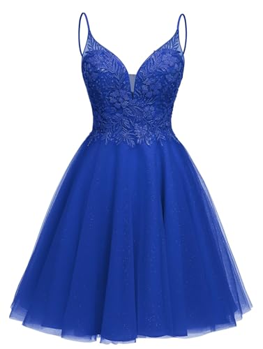 Image of Sparkly Tulle Homecoming Dresses Short Lace Prom Dresses for Teens V Neck Beaded Cocktail Dresses
