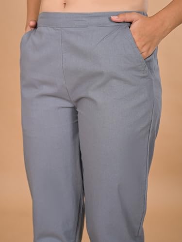 Image of D K W Women's Mid Rise Relaxed Fit Cotton Flex Trousers with Elastic Back & Drawstring - Ideal for Winter, Formal, Office & Casual Wear, Comfortable for Girls and Women