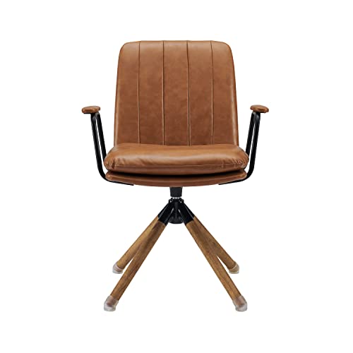 Volans Home Office Desk Chair, Oak Wood Legs, Modern Pu Leather Desk Chair No Wheels, Executive Swivel Arm Chair, Mid Back Office Chair, Yellow Brown #TOP7